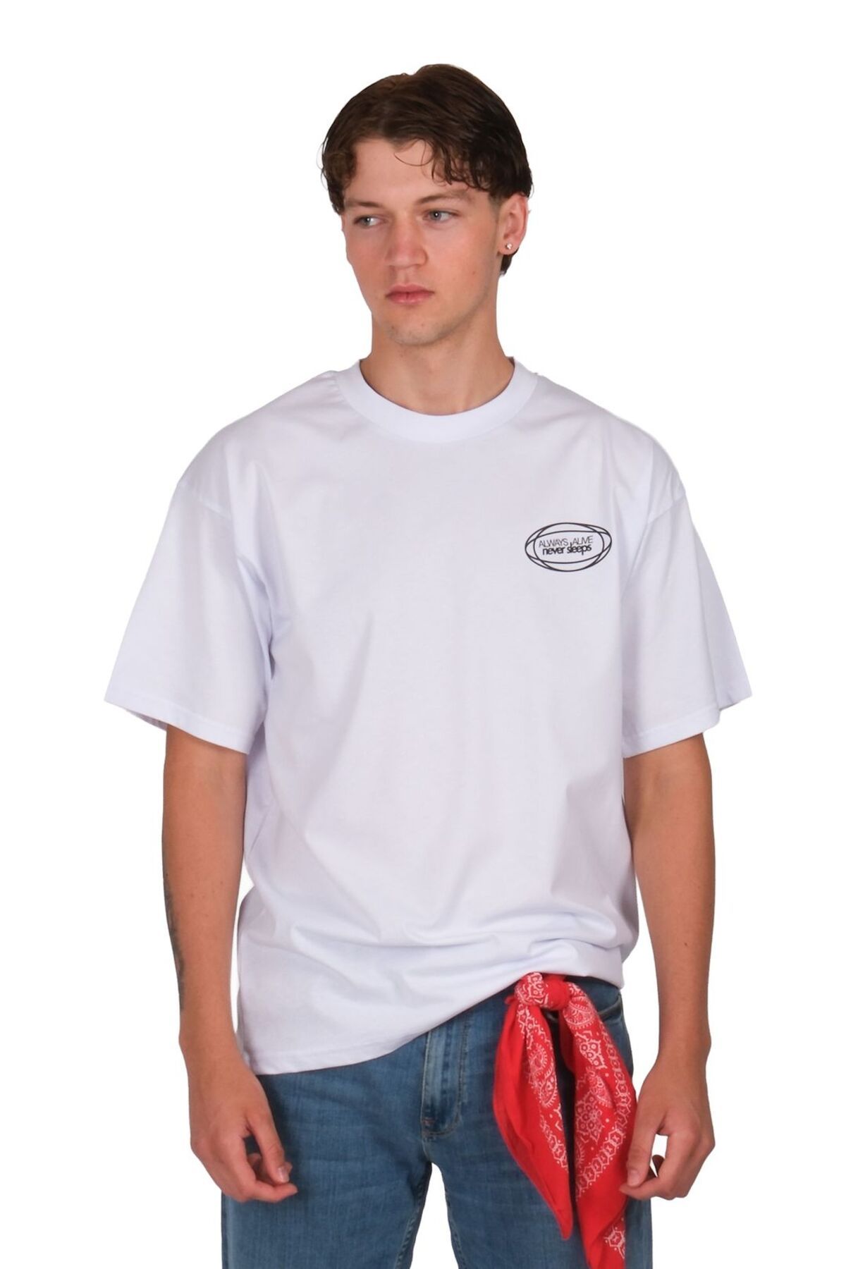 Coredra Never Sleeps Oversize T-Shirt Erkek - Beyaz C101