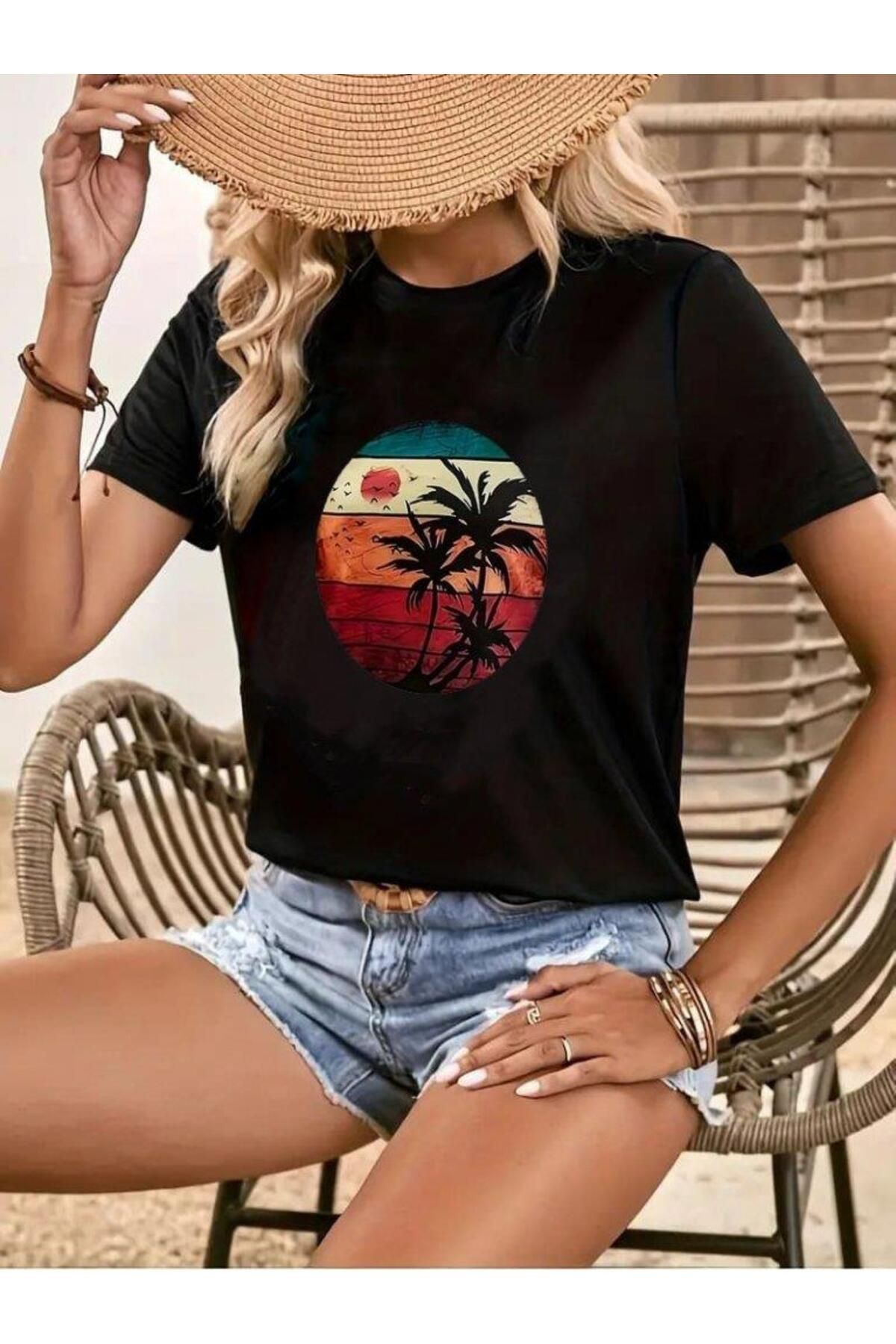 modamtn Kadın Kısa Kollu Palmiye Baskılı Viskon T-shirt