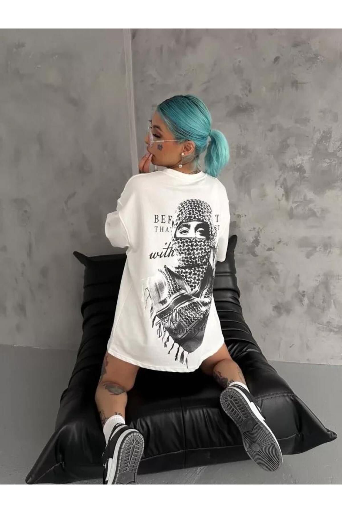modamtn Unisex Baskılı Oversize T-Shirt - Beyaz