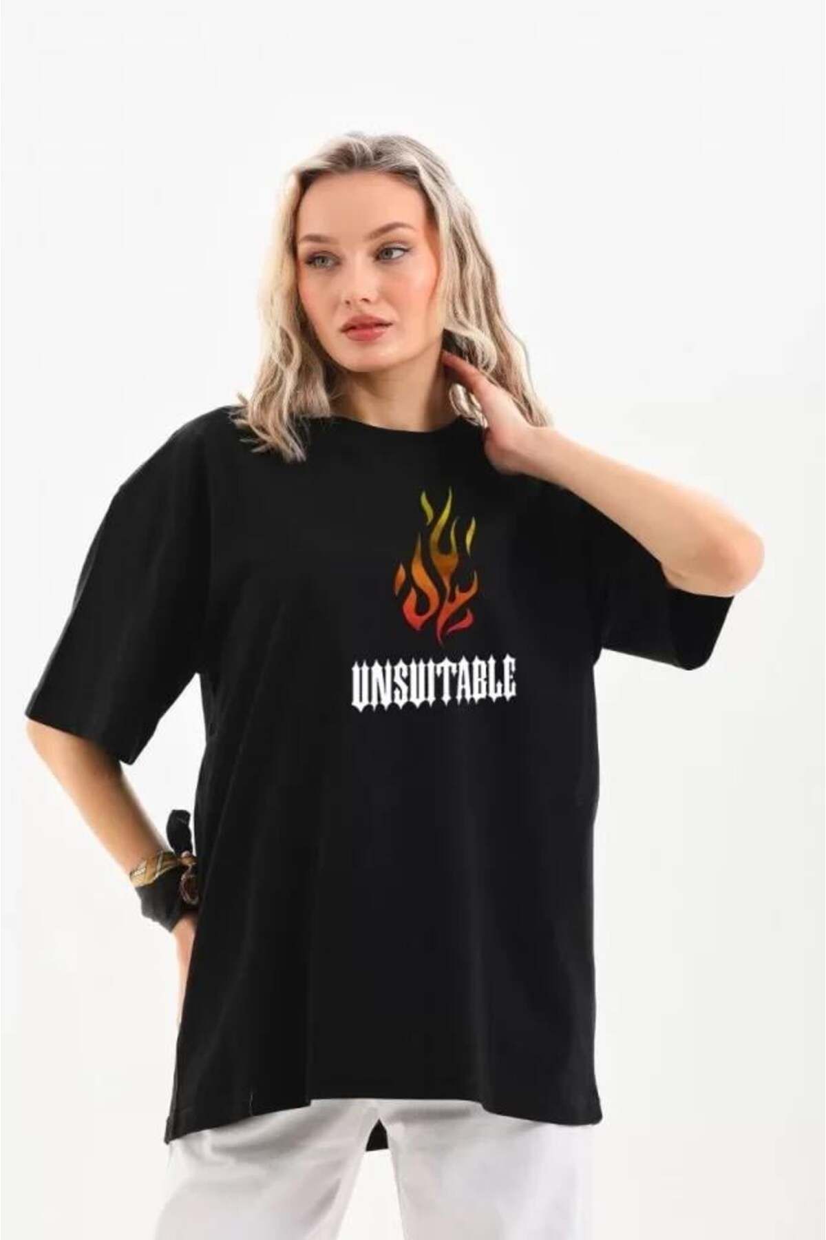 modamtn Unisex Bisiklet Yaka Baskılı Oversize T-Shirt - Siyah