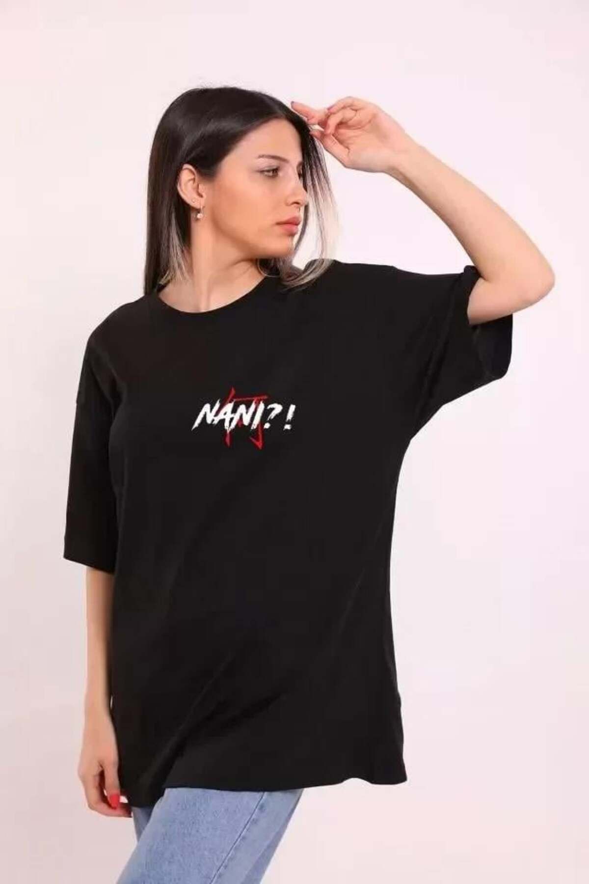 modamtn Unisex Bisiklet Yaka Baskılı Oversize T-Shirt - Siyah