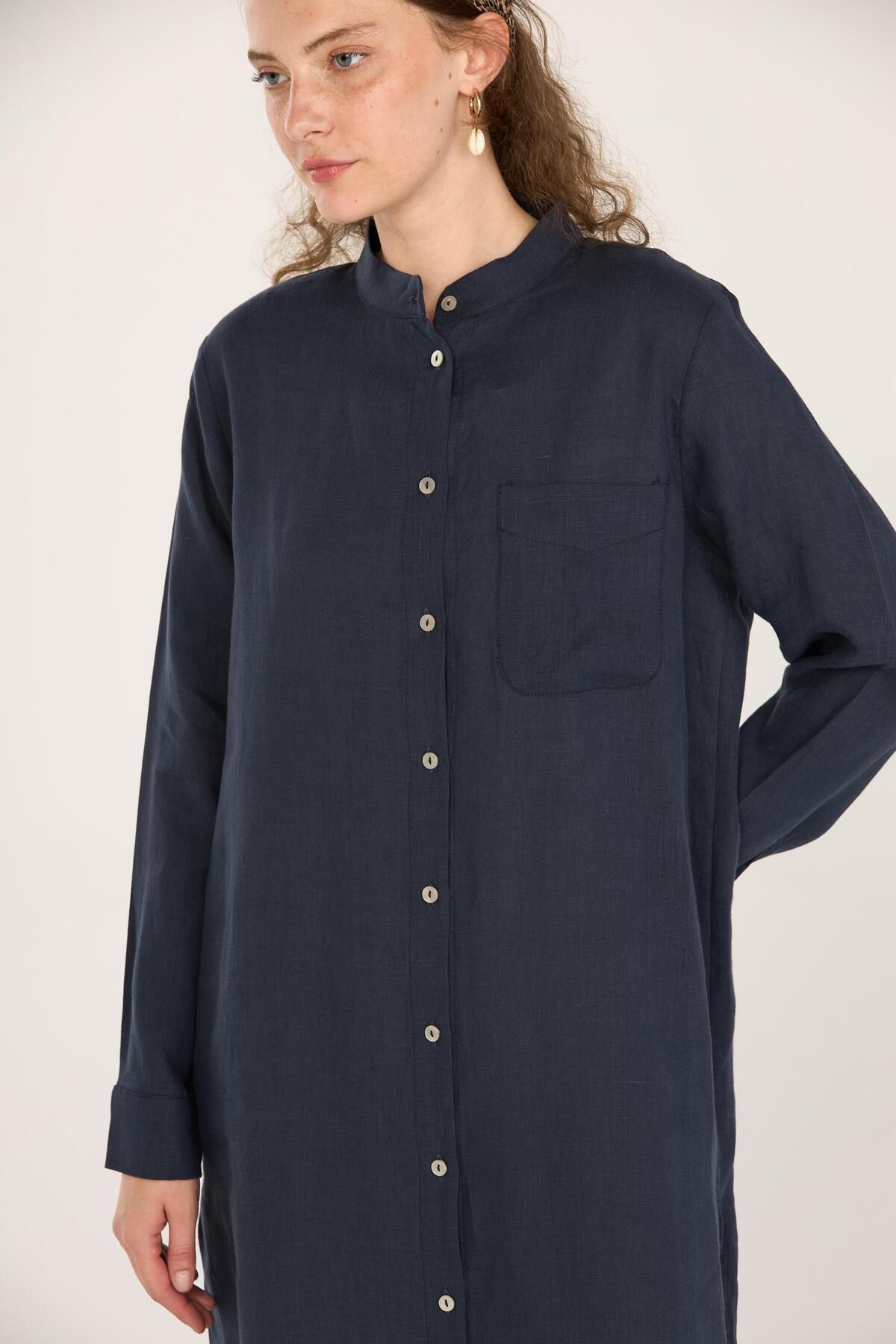 ALYOSHA FASHION Hakim Yaka %100 Keten Tunik Lacivert