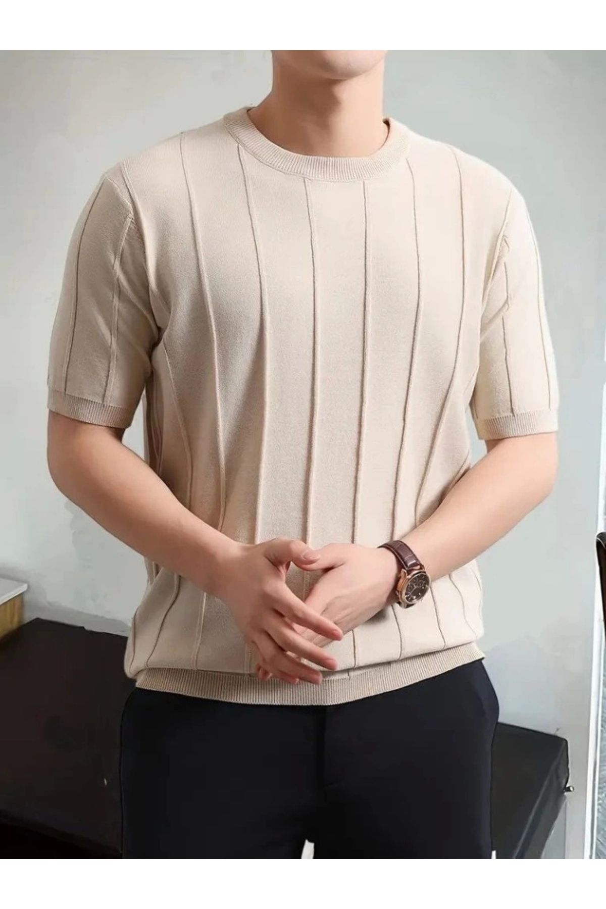 Butik Erkek Kısa Kollu Bisiklet Yaka çizgili Triko Bluz
