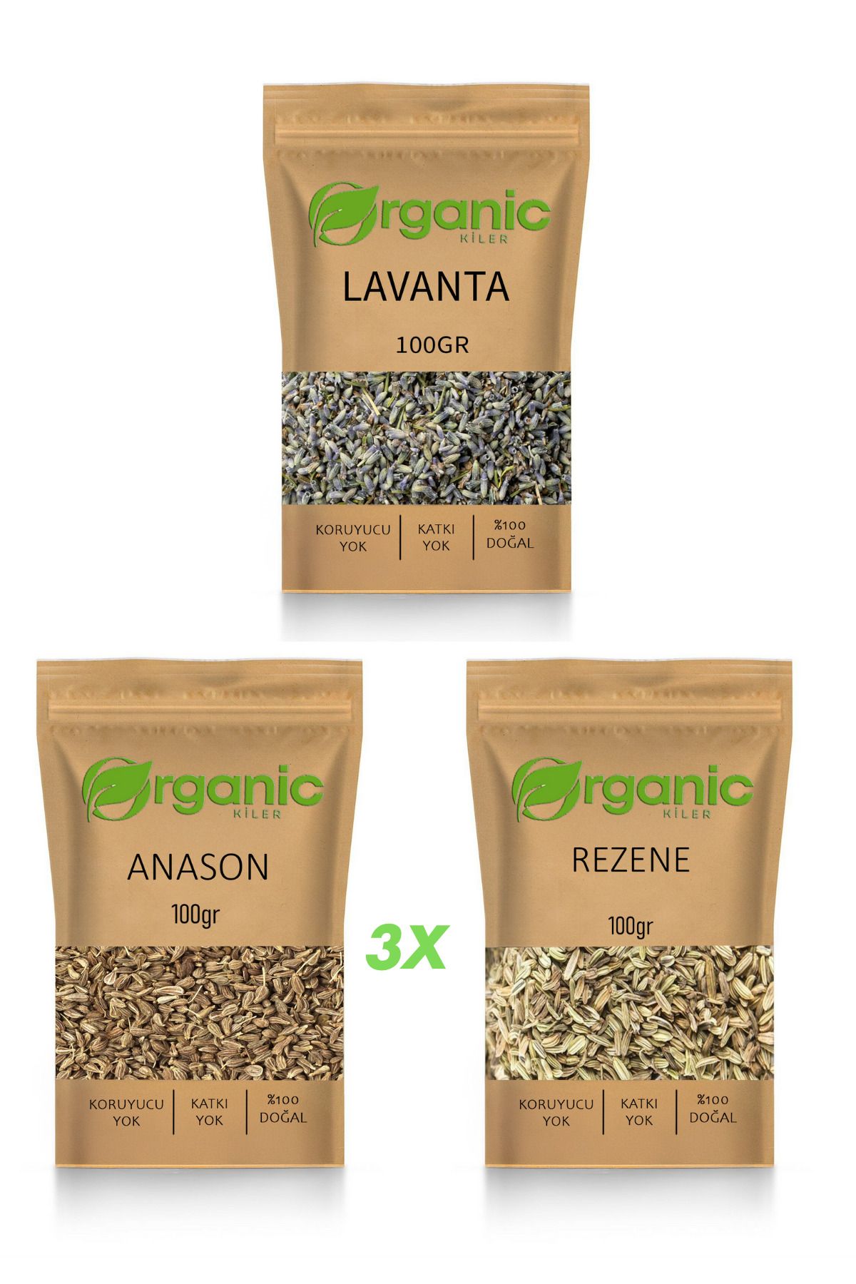 Organic Kiler Anason 100g + Rezene 100g + Lavanta 100g Üçlü Bitki Çayı Sağlık Seti