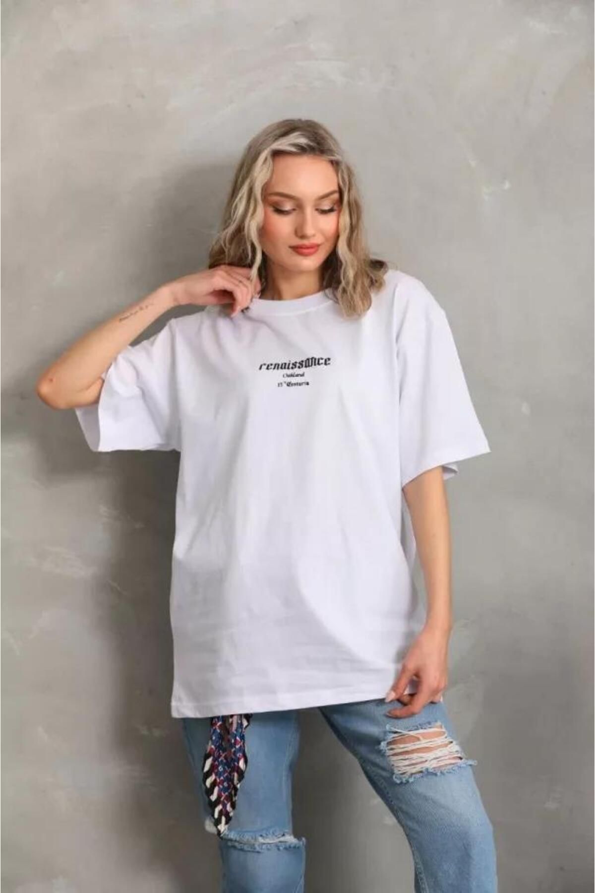 modamtn Unisex Baskılı Oversize T-Shirt - Beyaz