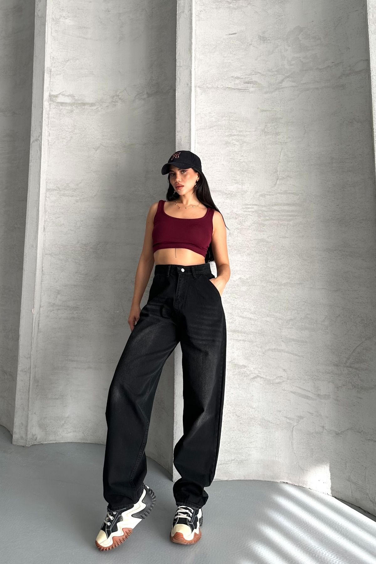 DESTEMODA Kadın Baggy Yan Cep Ve Arka Cebi Dikiş Detaylı Regular Baggy Siyah 4008
