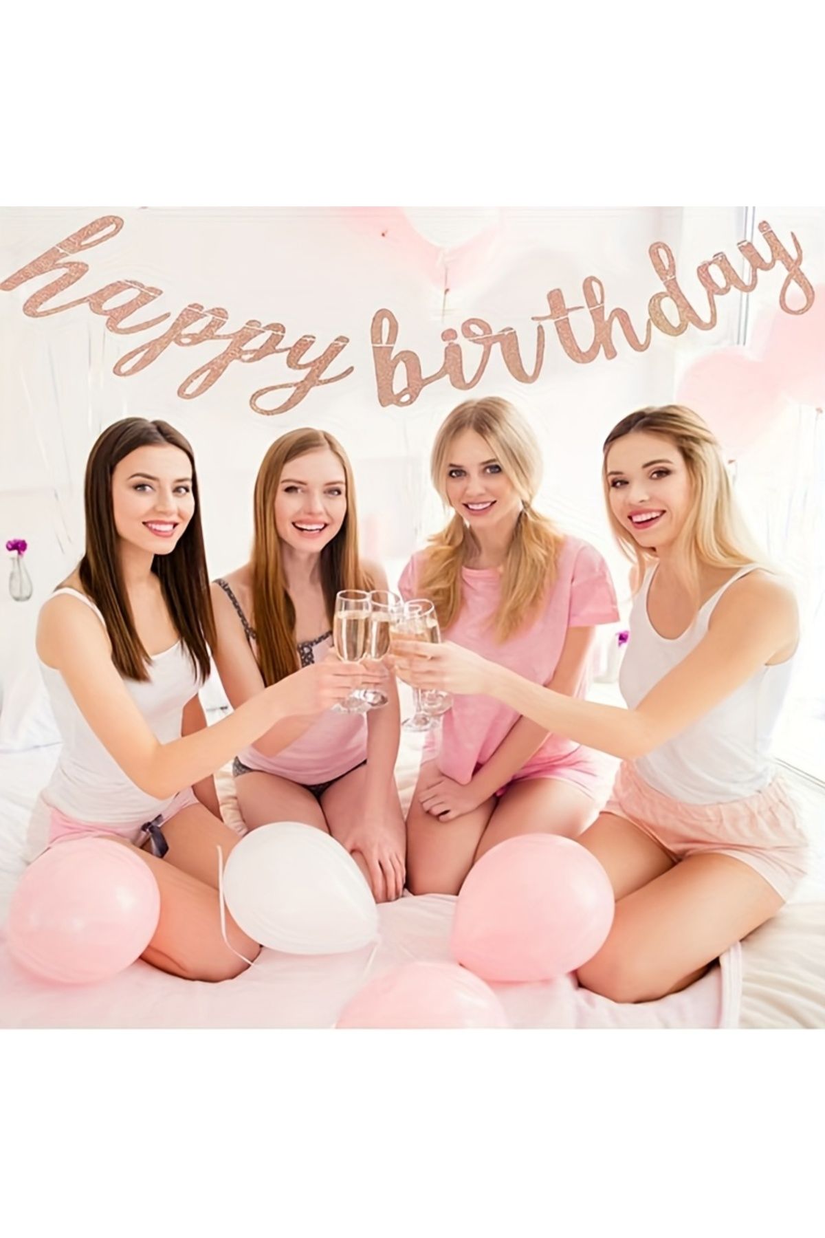UVERTE Rose Gold Renk Happy Birthday Kaligrafik Banner - Happy Birthday Yazı Metalik 2 Metre Uzunluk