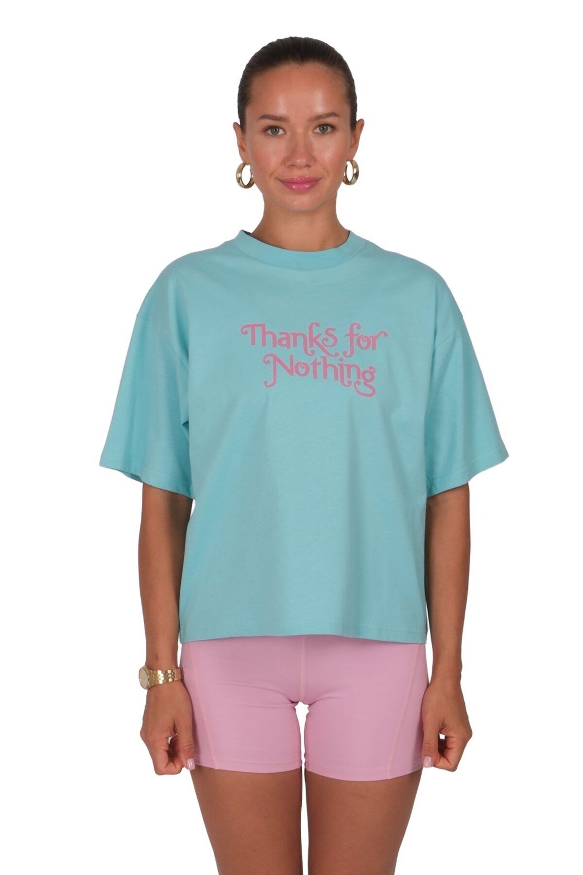 Coredra Thanks For Nothing Boxed Fit Kadın T-Shirt Mint C590