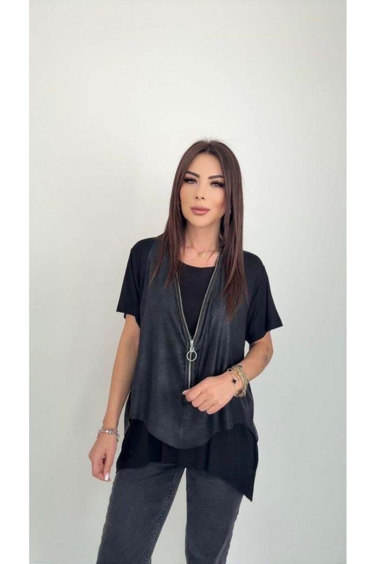 modamtn Kadın Kısa Kollu Yuvarlak Yaka Viskon Bluz + Kolsuz Fermuarlı çatlak Deri Yelek