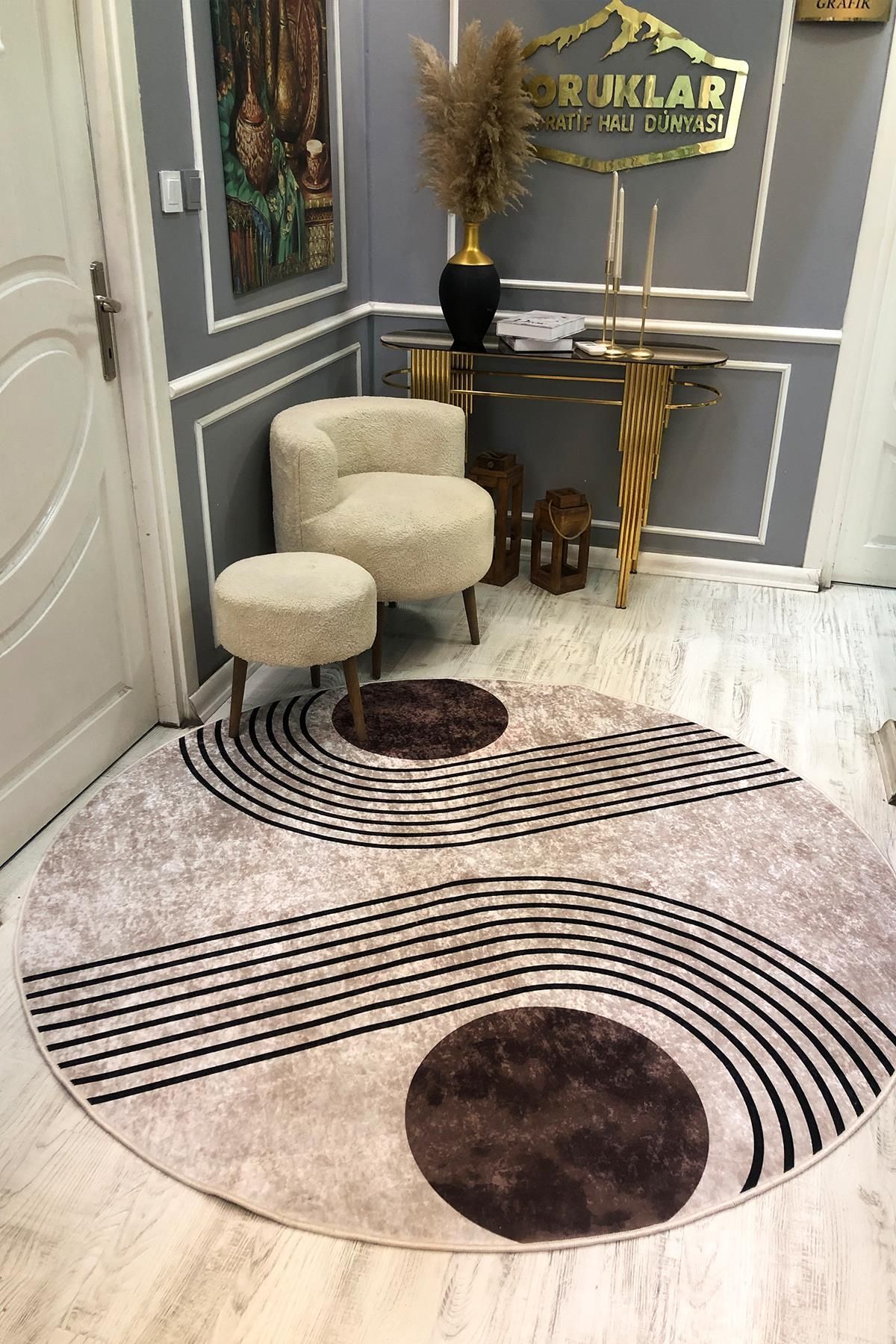 Doruklar Home Collection Kaymaz Taban Yıkanabilir Dijital Baskı Dekoratif Modern Desenli Yuvarlak Dot Taban Halı NH002
