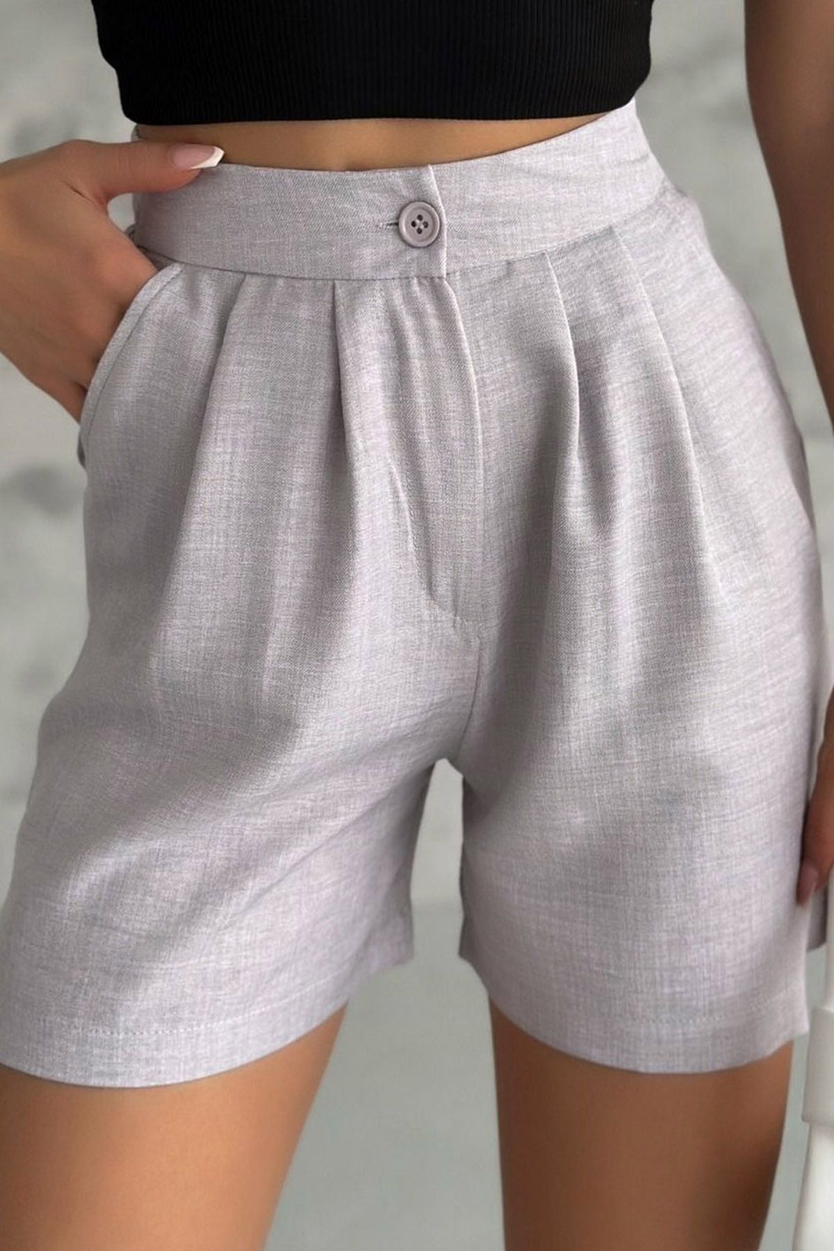 Ottawe Ragular Fit Lastikli Yüksek Belli Çift Cepli Düğmeli Günlük Casual Keten Şort