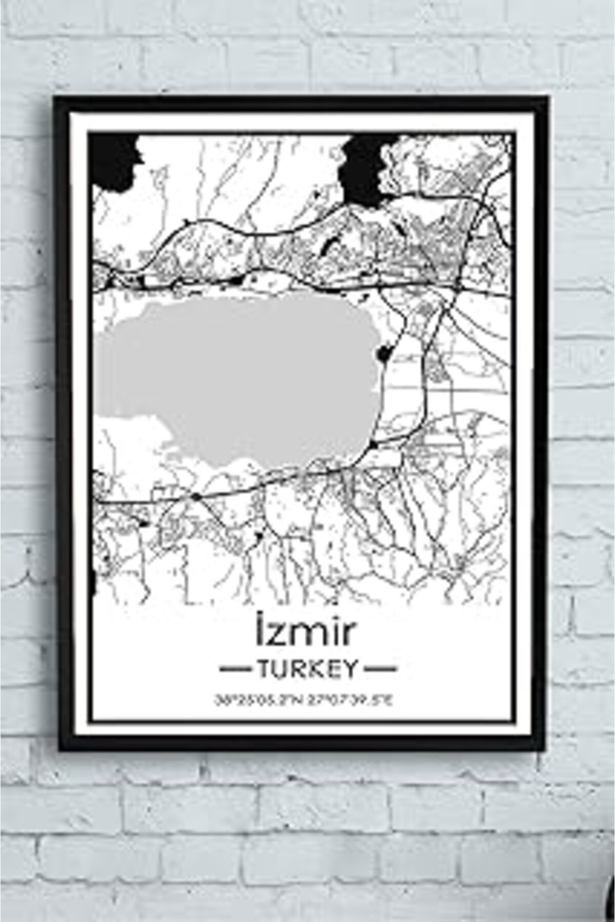 Pazarcan Postermanya (Pster14401) Siyah İzmir Harita Dekoratif Tasarım Çerçeveli Tablo 21 X 30