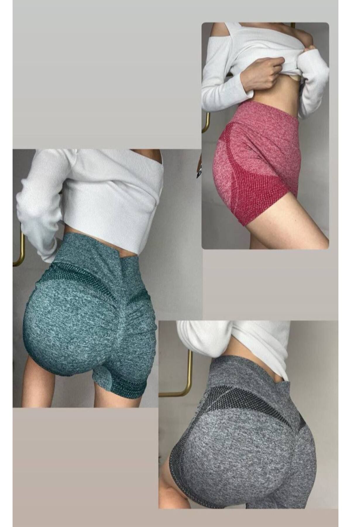 TAJ Kadın Üçlü Takımı Kırmızı, gümüş ve yeşil Yüksek Bel Kalça Kaldırıcı Yoga Şortları PUSH-UP