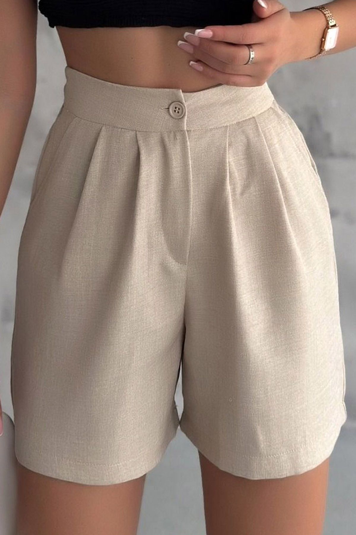 Ottawe Ragular Fit Lastikli Yüksek Belli Çift Cepli Düğmeli Günlük Casual Keten Şort