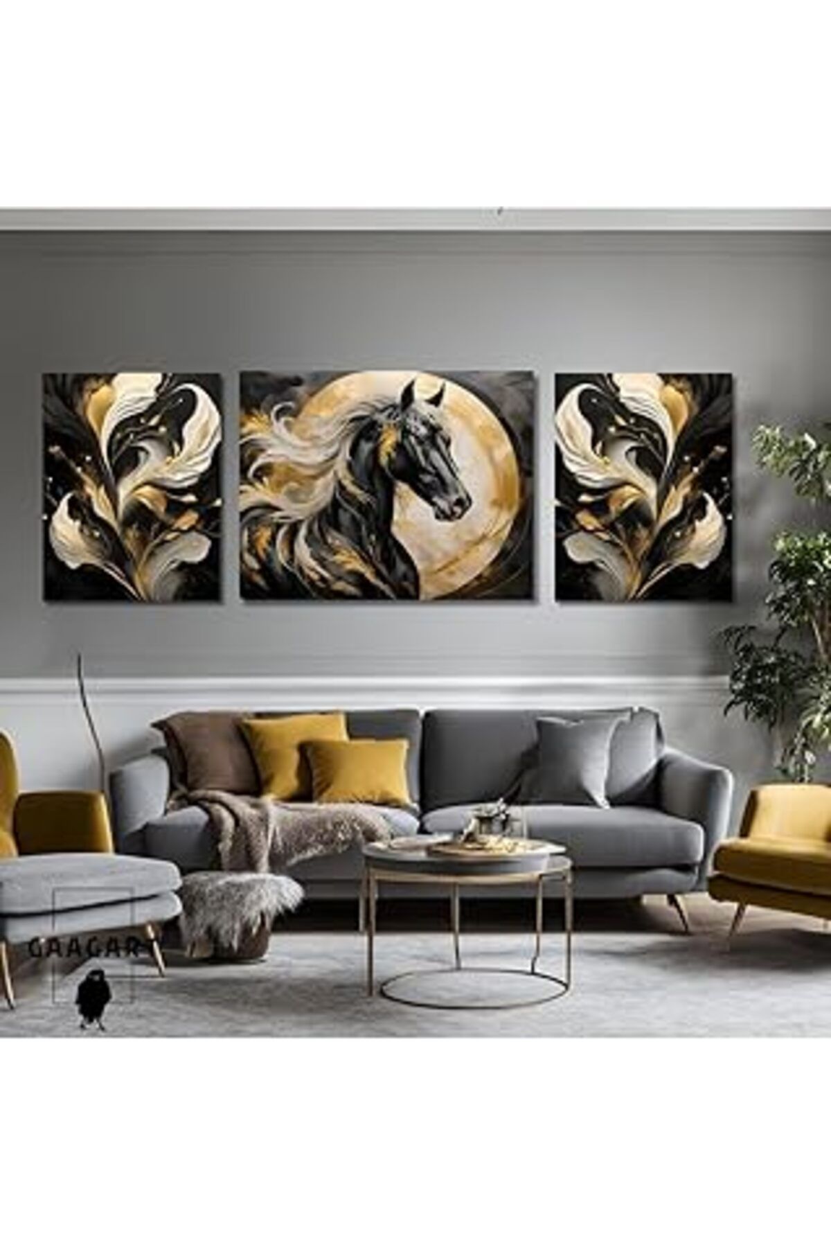 Pazarcan Gaagart 3Lü Kanvas Şık Salon Duvar Tablosu Modern Soyut Siyah Gold At, 30 X 40