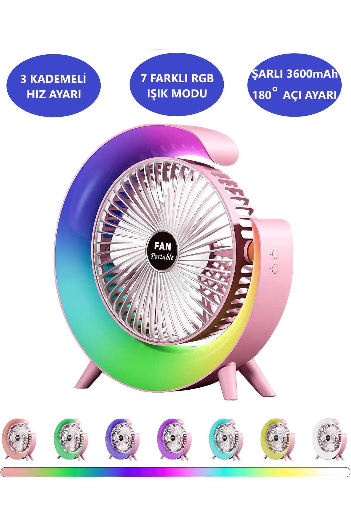 ROXİVA Şarjlı Bataryalı Vantilatör-Masaüstü Fan-3 Kademe ayarı-7 Farklı Rgb Işık modu-180c Ayarlanbilir