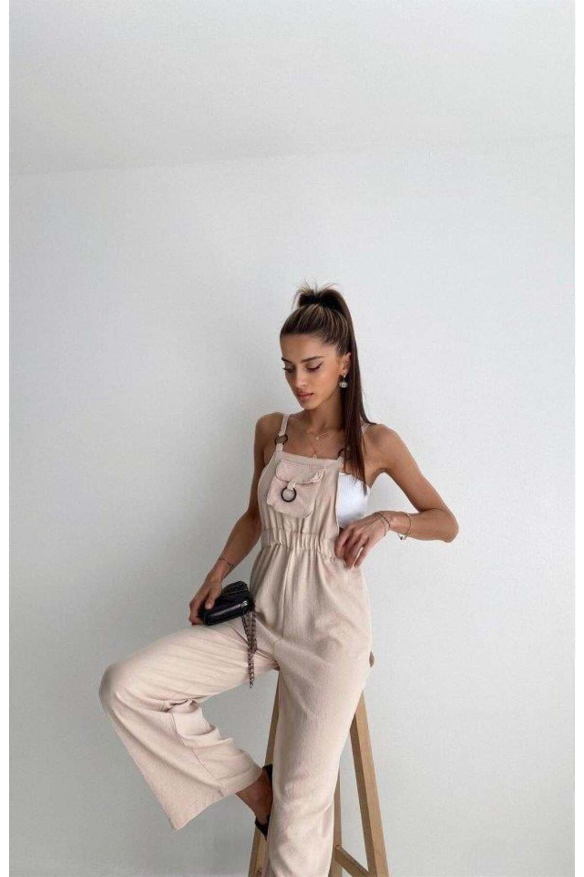 modamtn 7023 Askılı Bahçıvan Tulum - Bej