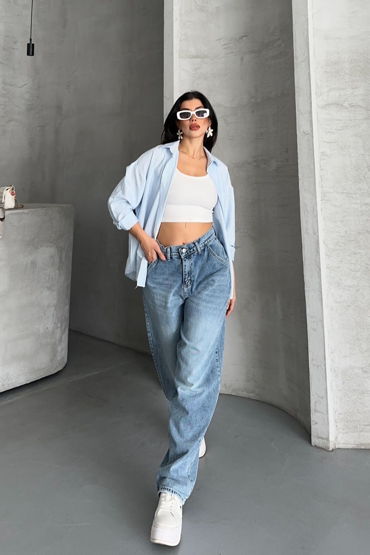 DESTEMODA Kadın Baggy Yan Cep Ve Arka Cebi Dikiş Detaylı Regular Baggy Mavi 4008