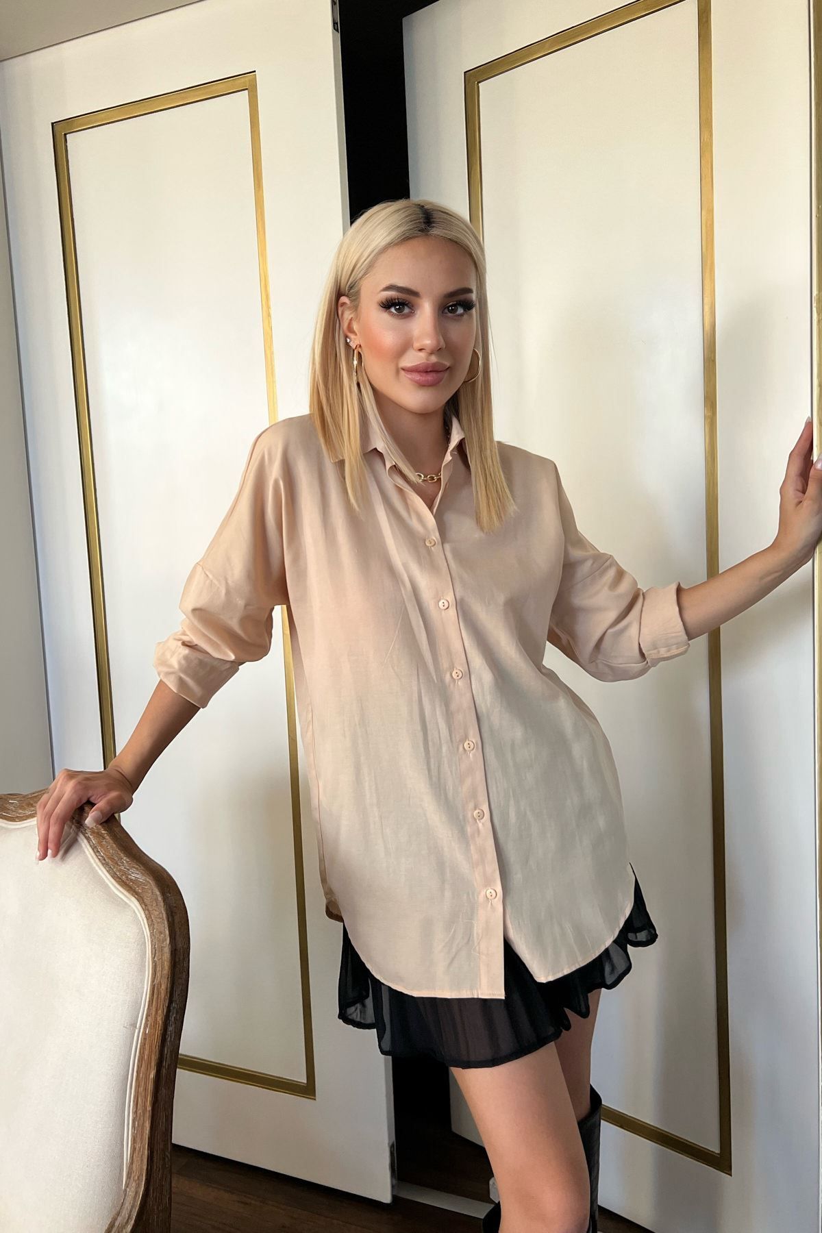 modestim Kadın Boydan Düğmeli Kol Manşetli Oval Kesim Rahat Kalıp Poplin Uzun Gömlek Bej