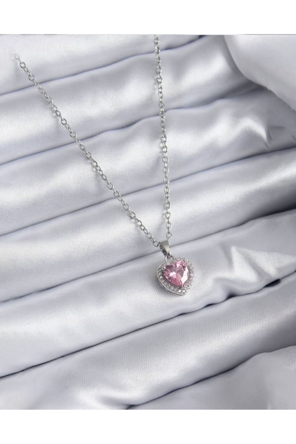 Çelik Pembe Kalp Kesim Taşlı Çelik Kolye