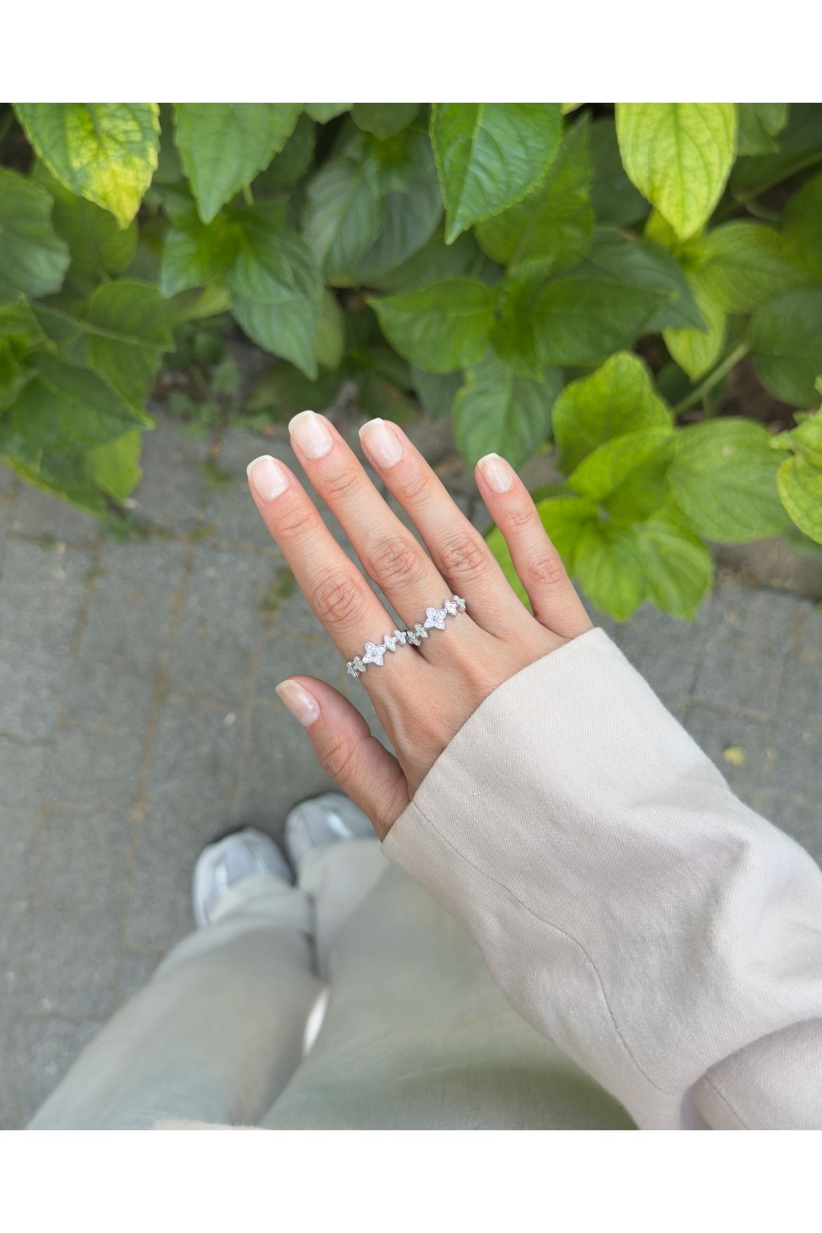 kems jewels Çiçek Sıralı Model Zirkon Taşlı Gümüş Kaplama Ayarlanabilir Çelik Yüzük