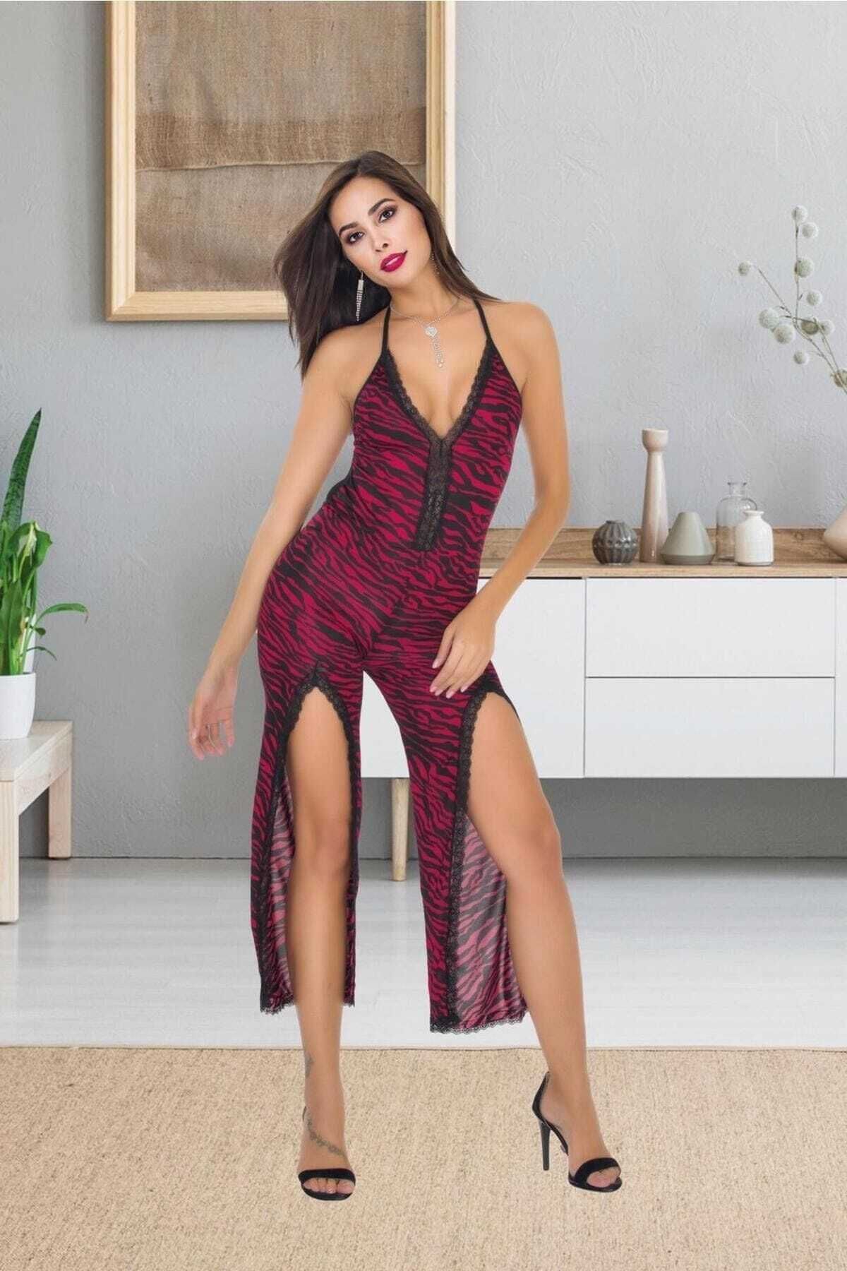 Viselya Dantelli Yırtmaçlı Kırmızı Leopar Tulum Gecelik