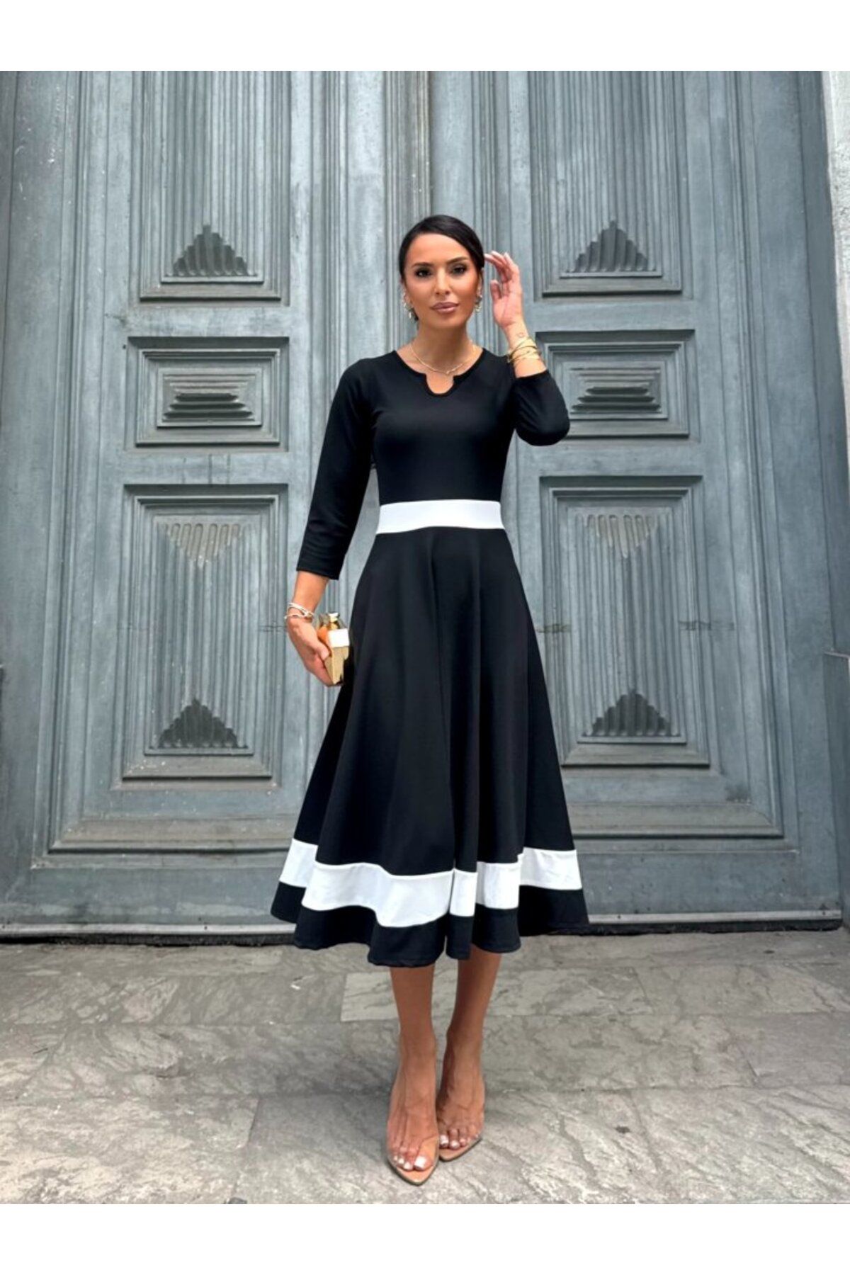 velmorafashion Kadın Truvakarkol Yakası Açık Blok Renkli Krep Midi Elbise