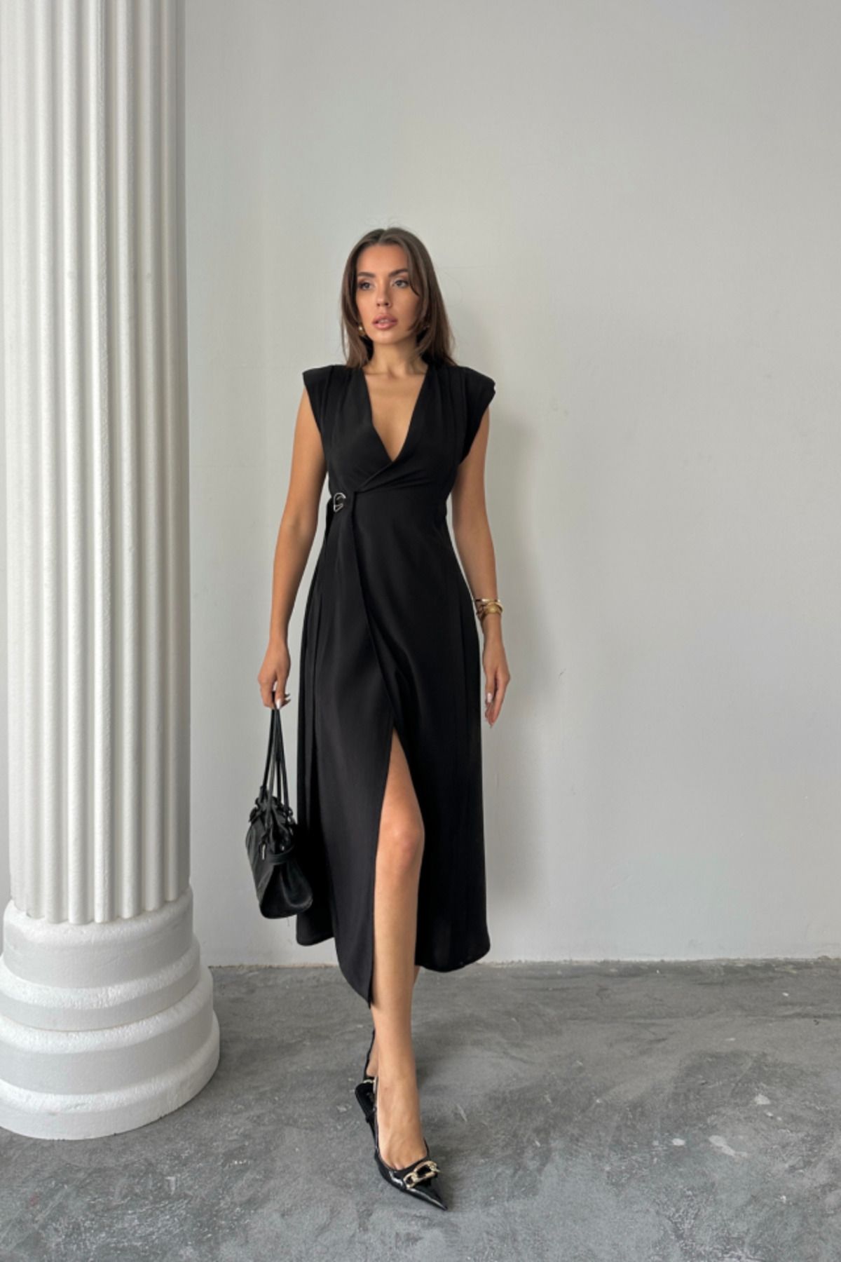 velmorafashion KRUVAZE VATKALI KOLSUZ ELBİSE MODAL KUMAŞ - Siyah
