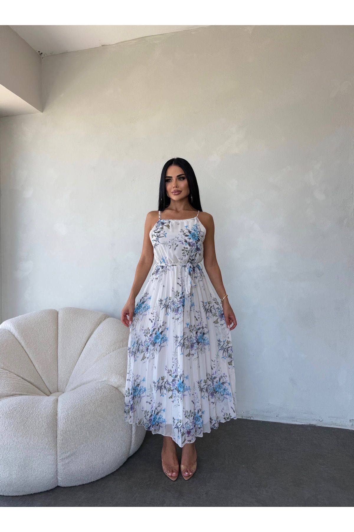kamacibutik AYARLANA BİLİR ASKILI PİLİSELİ ŞİFON ELBİSE