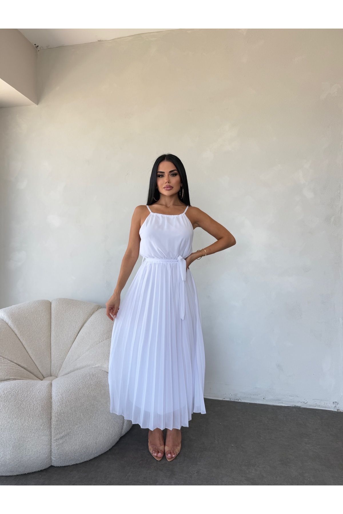 kamacibutik AYARLANA BİLİR ASKILI PİLİSELİ ŞİFON ELBİSE