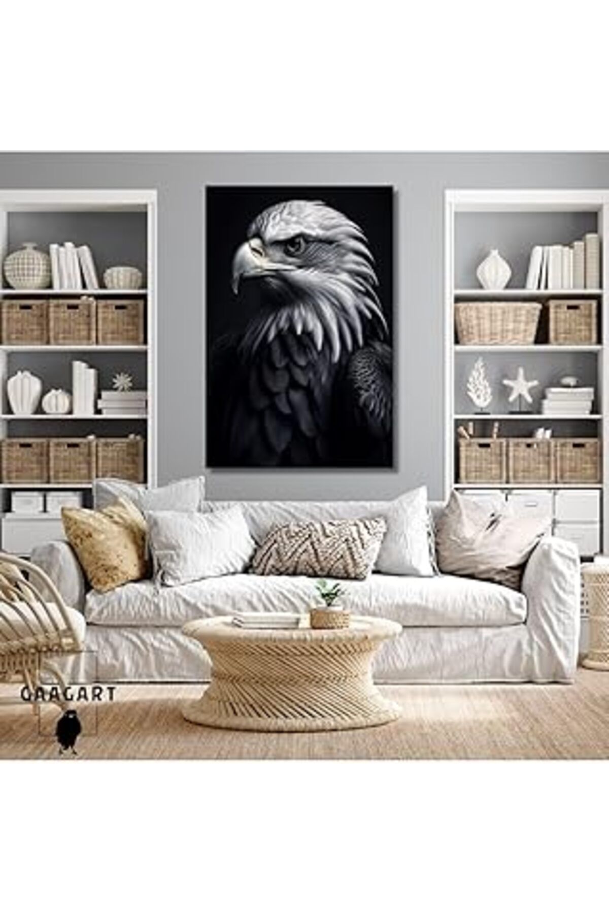 Pazarcan Gaagart Tekli Dikey Kanvas Duvar Tablosu Siyah Beyaz Kara Kartal, 40 X 60