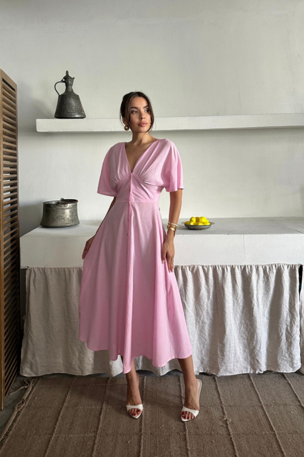 velmorafashion KETEN V YAKA ÖNDEN DÜĞMELİ ELBİSE - Pembe