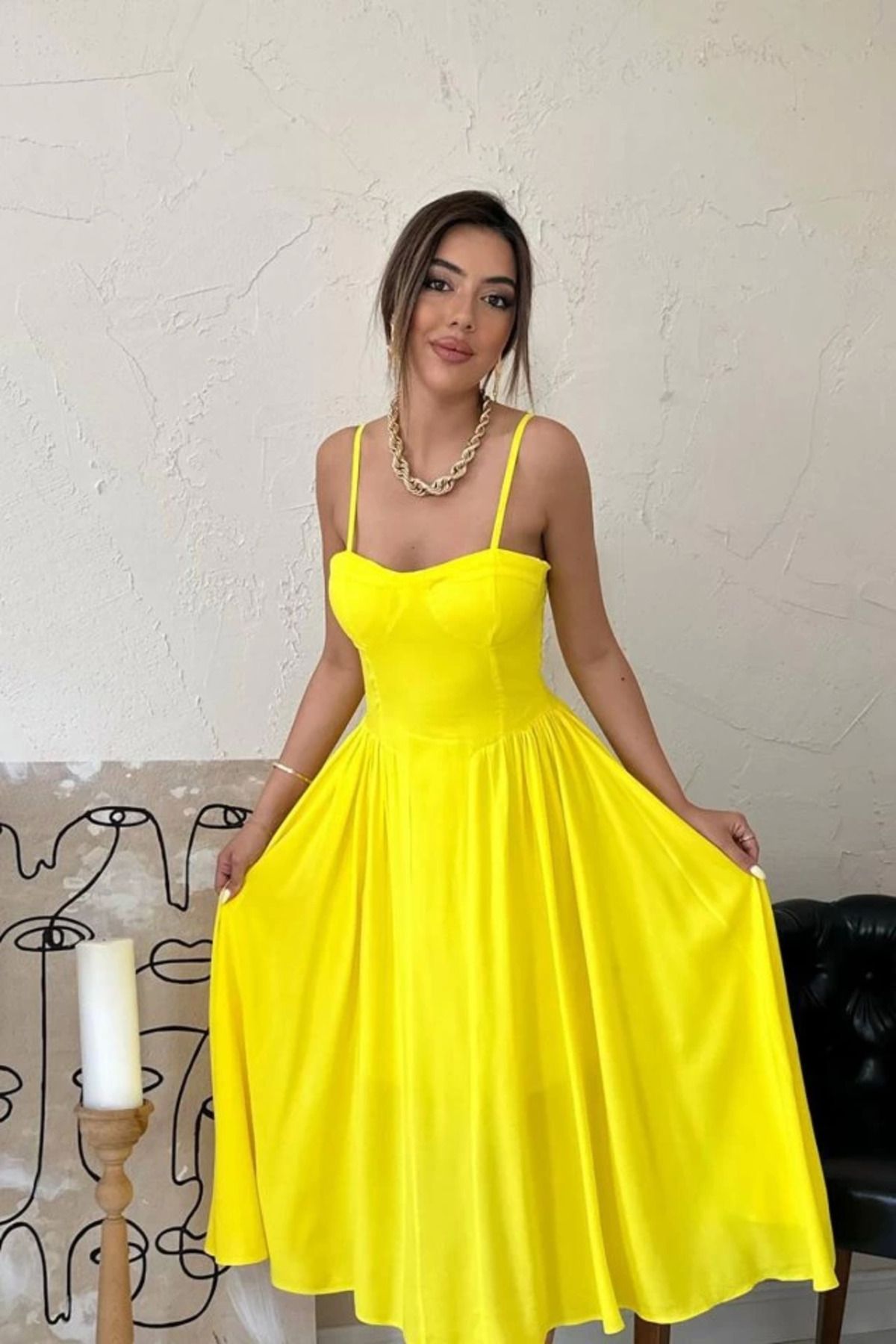 ZORM Sarı Göğüs Kuplu Uzun Büzgülü Elbise