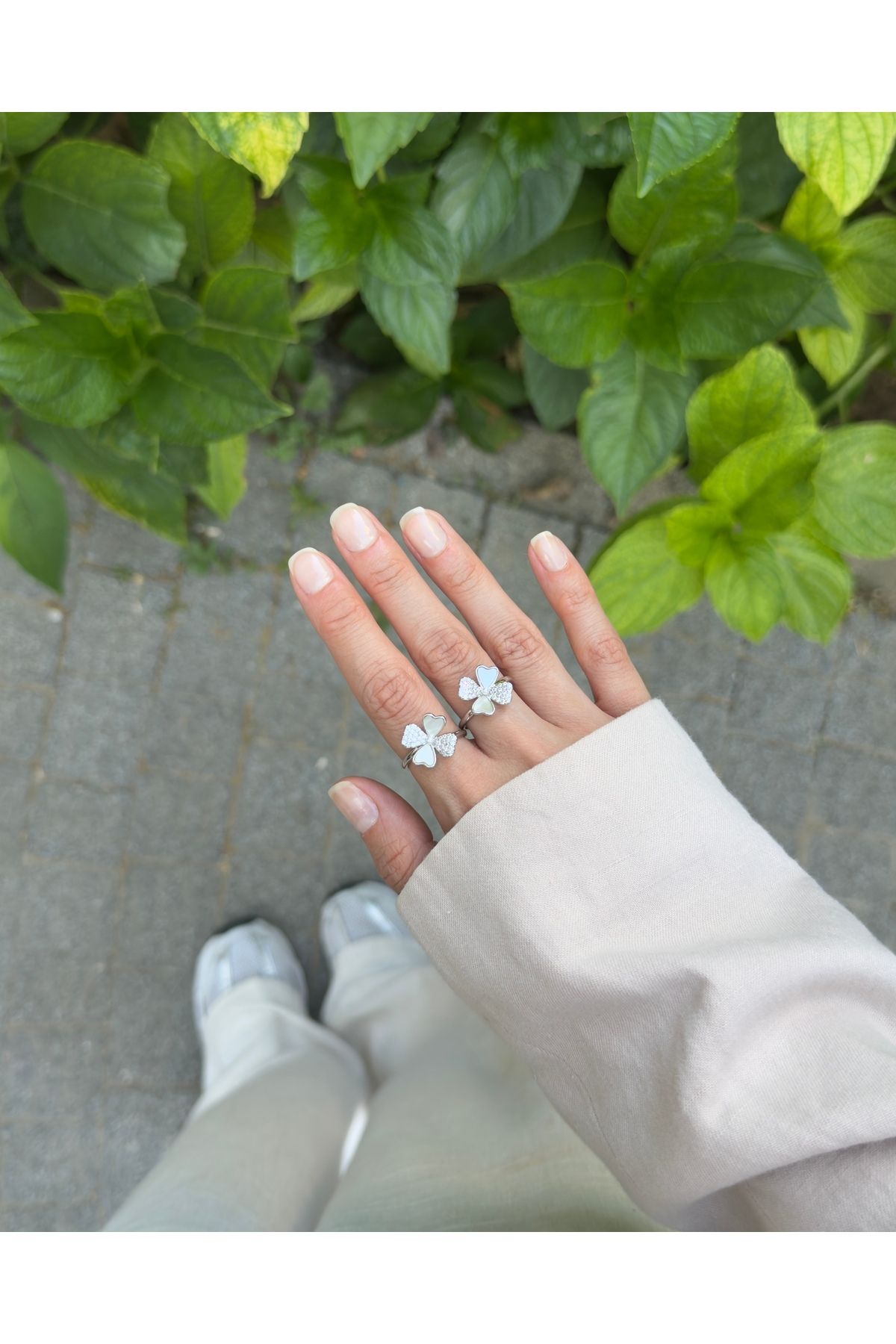 kems jewels Yonca Model Zirkon Taşlı Gümüş Kaplama Ayarlanabilir Çelik Yüzük
