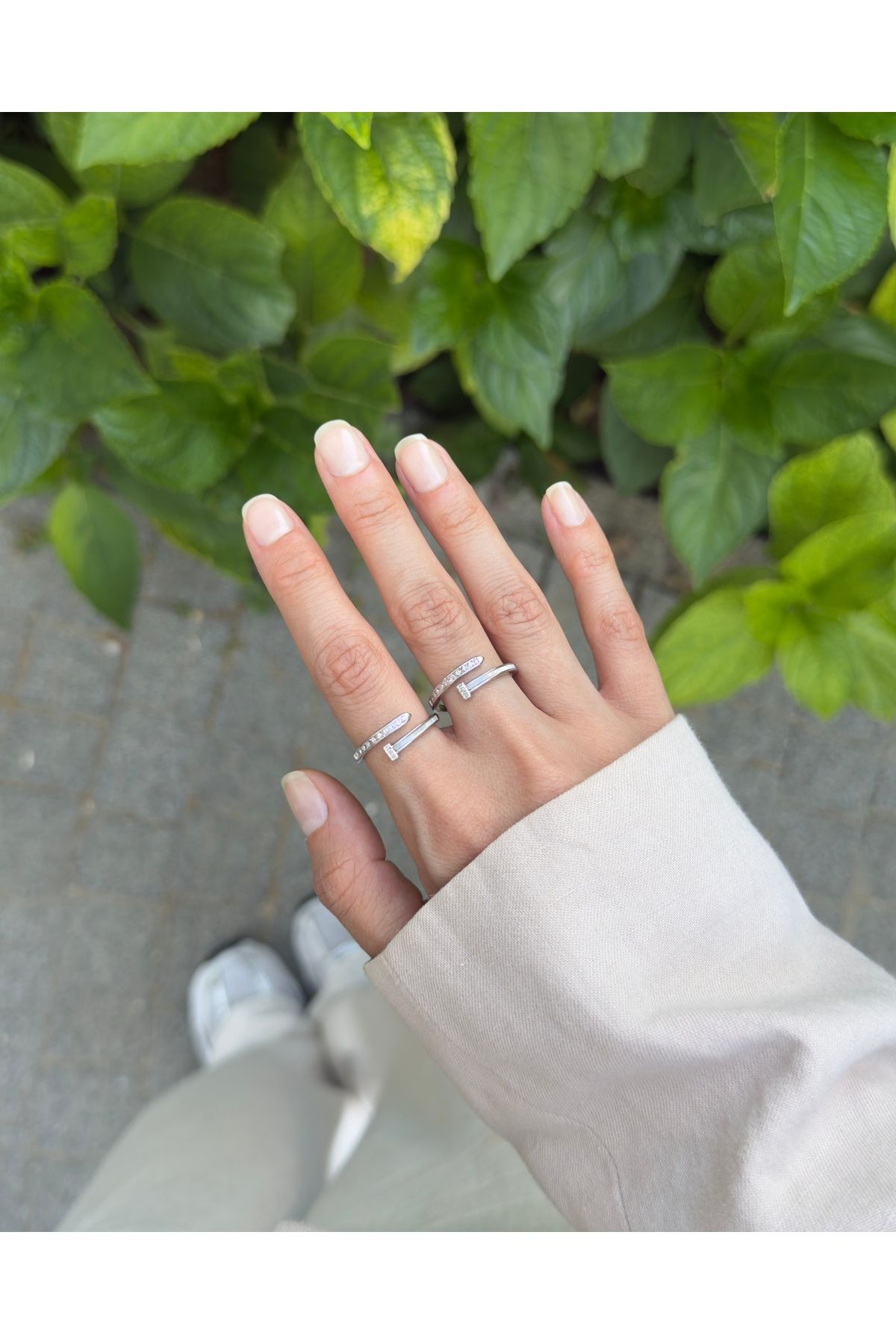 kems jewels Çivi Model Zirkon Taşlı Gümüş Kaplama Ayarlanabilir Çelik Yüzük