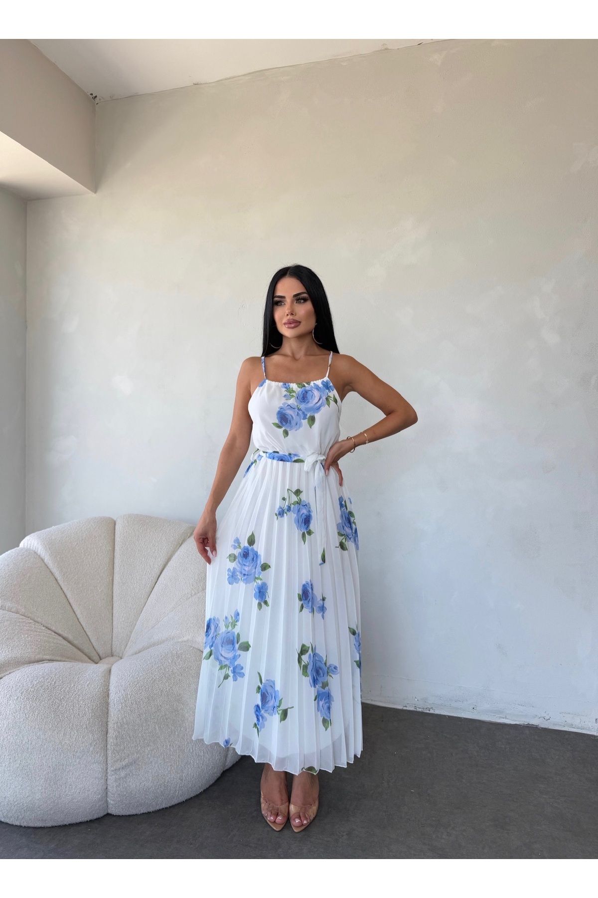 kamacibutik AYARLANA BİLİR ASKILI PİLİSELİ ŞİFON ELBİSE