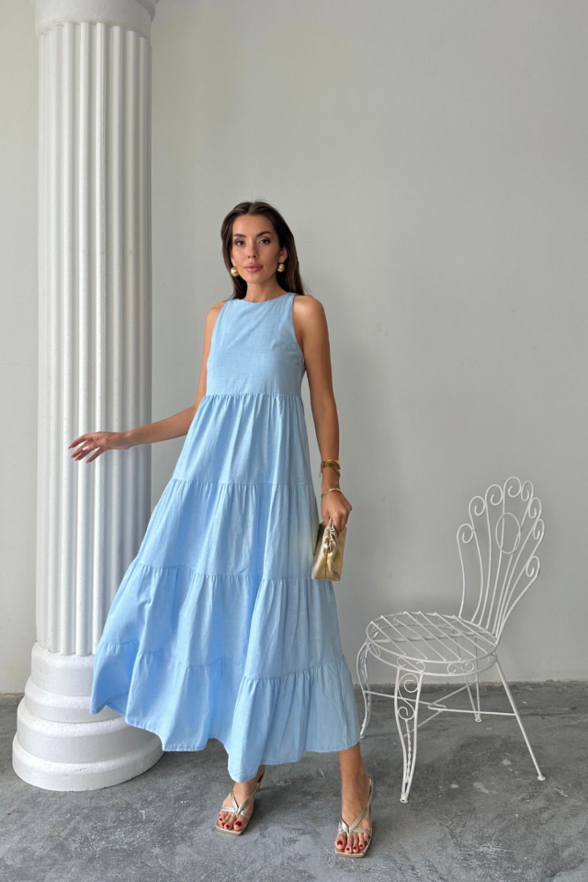 velmorafashion KOLSUZ UZUN FLAM KETEN ELBİSE - Mavi
