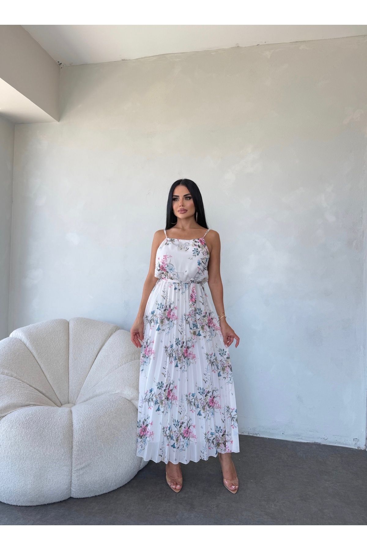 kamacibutik AYARLANA BİLİR ASKILI PİLİSELİ ŞİFON ELBİSE