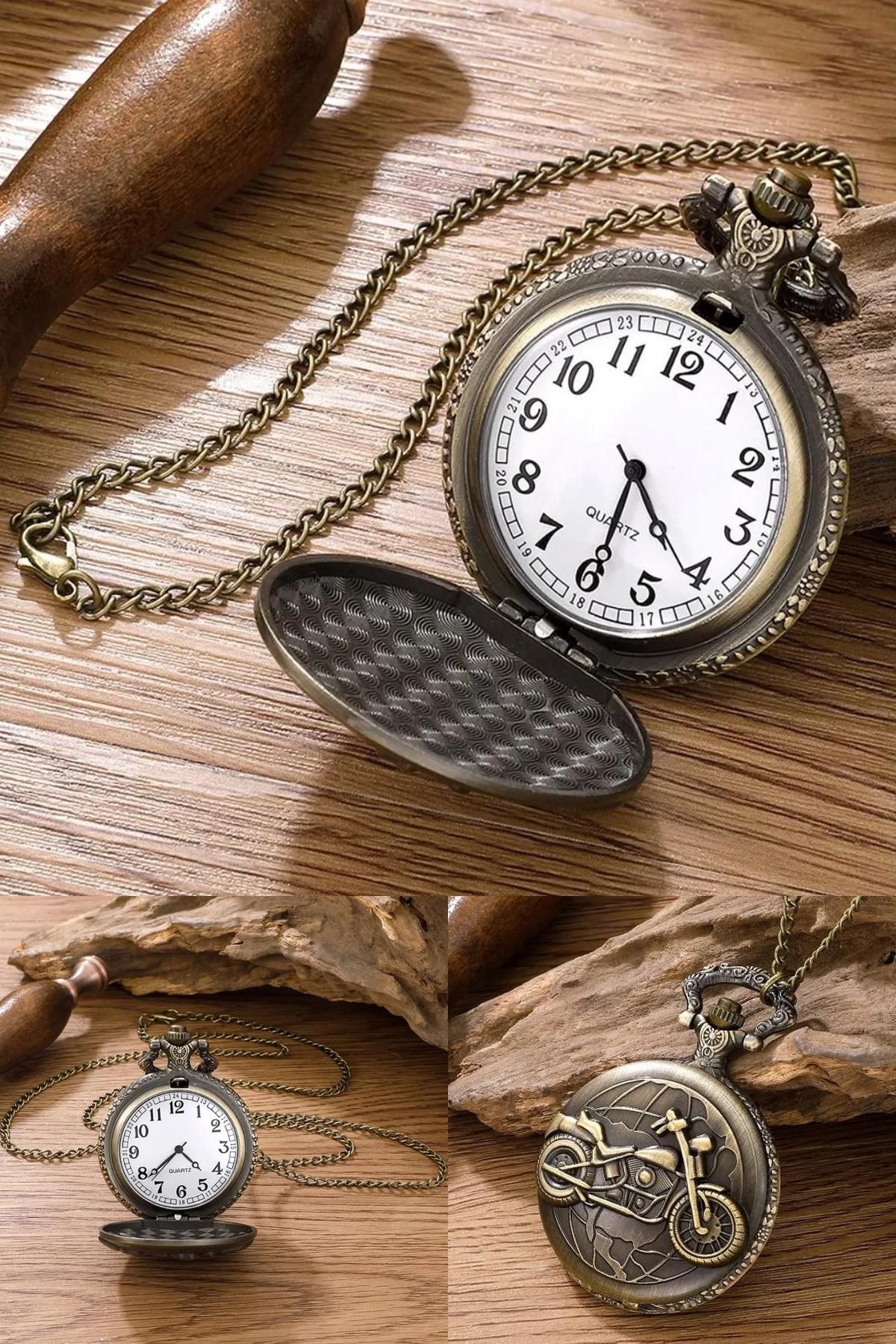 Midday 🕑 Motosiklet Kabartmalı Antik Tasarım Zincirli Kolye Cep Saati – Retro Saat Koleksiyonu