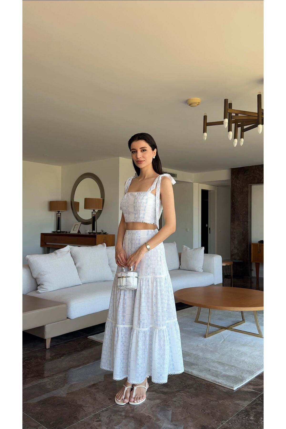 HAZELANNA Desenli İkili Crop-Etek Takım