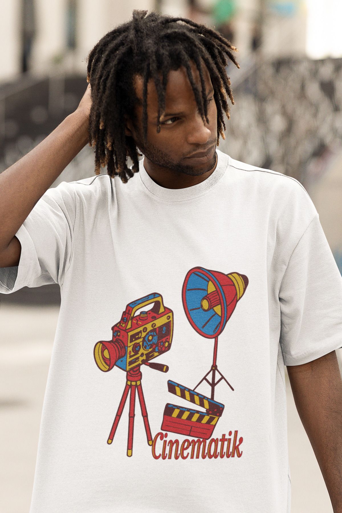 Uniquetex NUBEN / SİNFE-06 - Oversize Unisex Sinematik Baskılı Beyaz Bisiklet Yaka T-shirt (Tasarım Tişört)