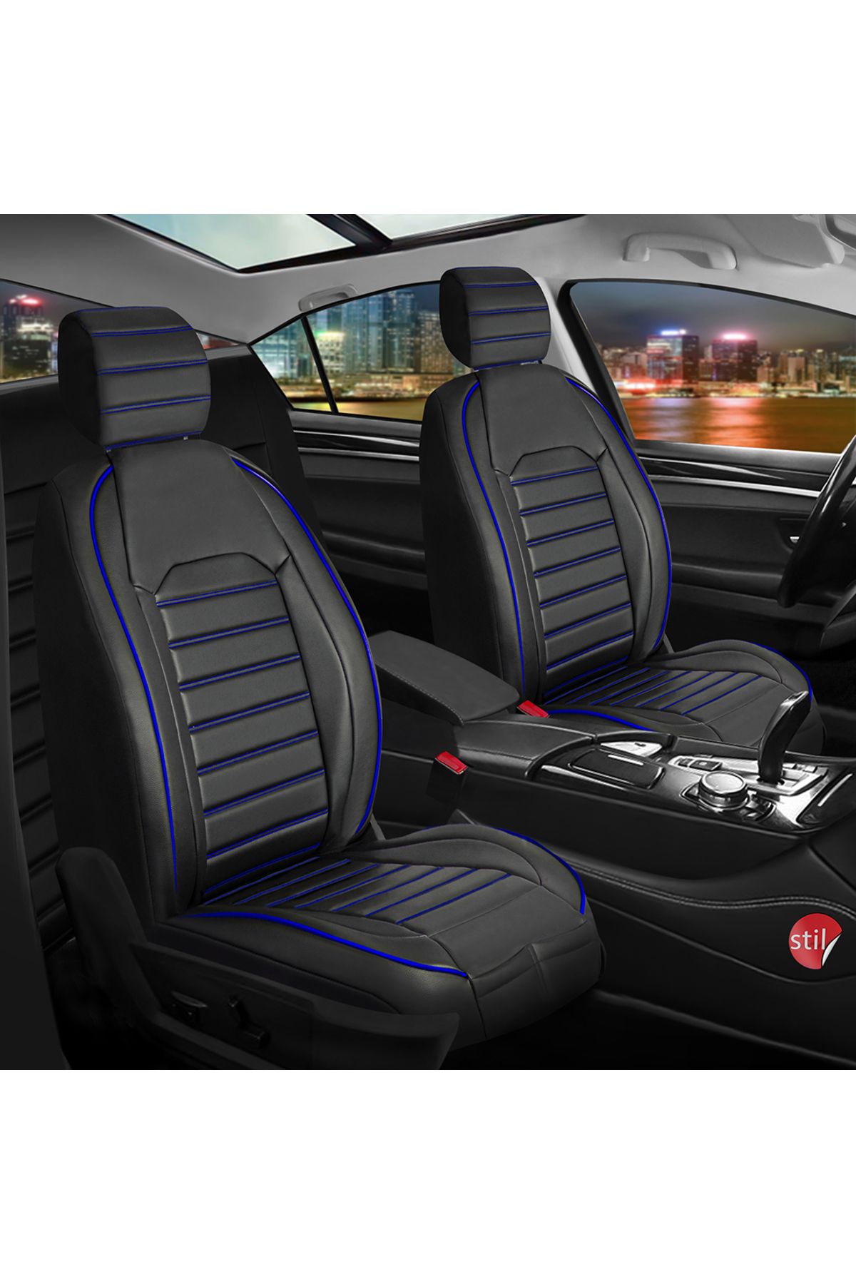 autogoodstore Renault Fluence Uyumlu Lüx Deri Oto Koltuk Kılıfı Ön Arka Takım Çizgili Model Siyah Mavi