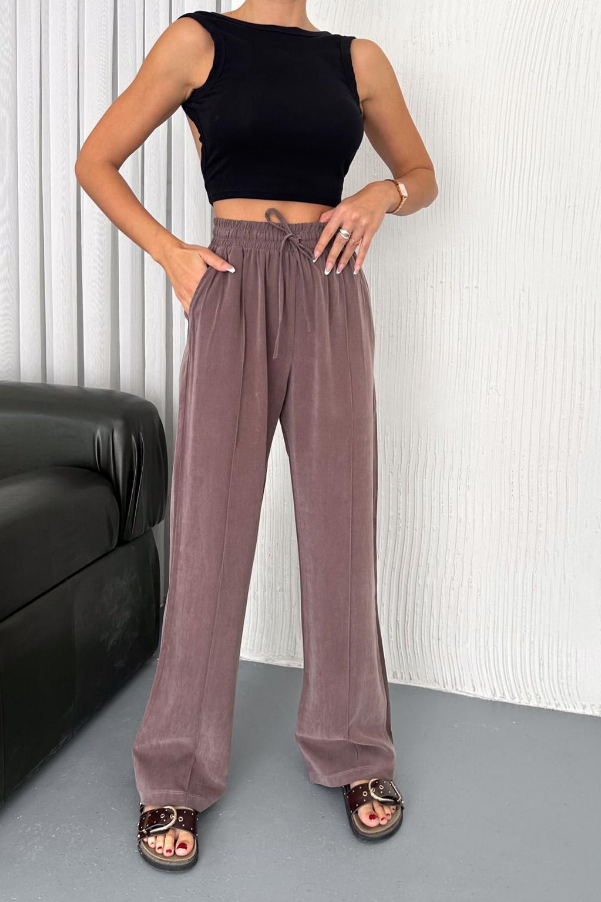 adba style Bağcıklı Beli Lastikli Modal Palazzo Kadın Pantolon 4007