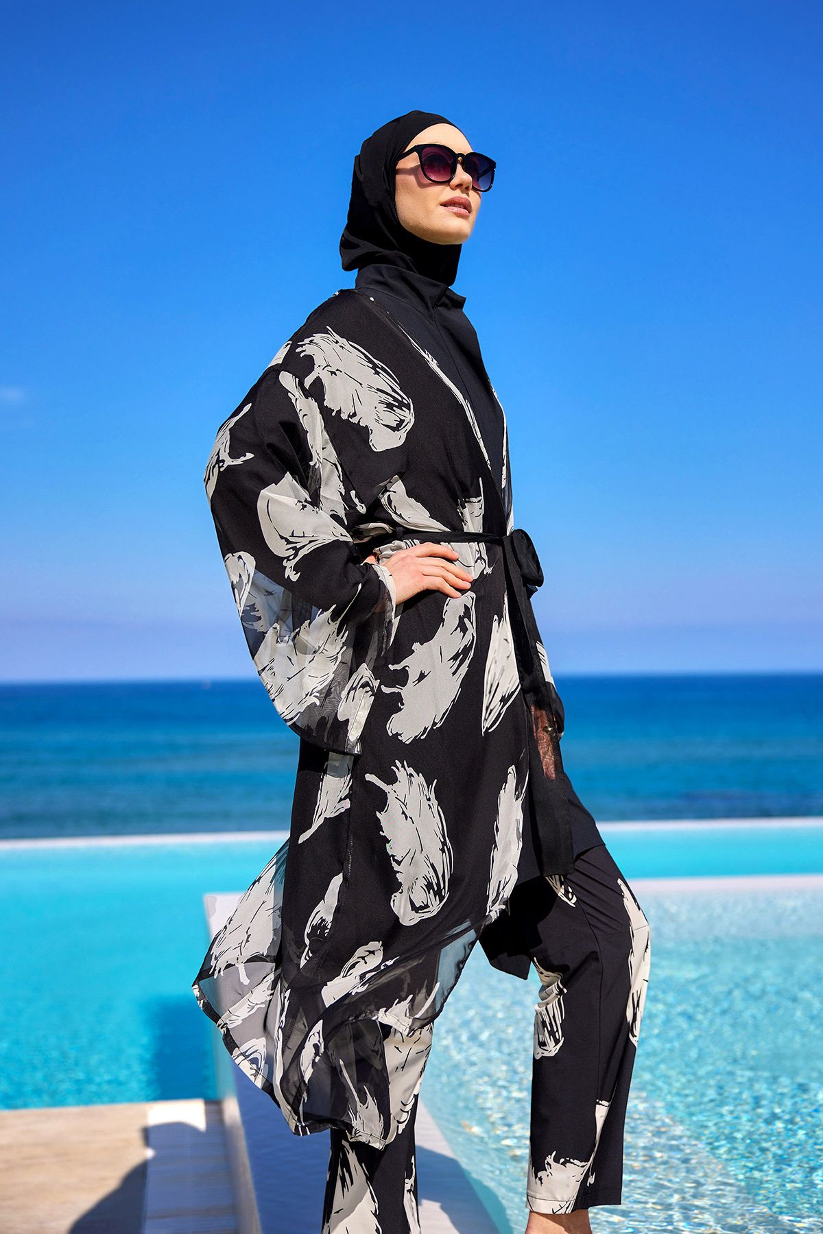 Marina Swimwear Siyah İpeksi Kimono – Hafif, Ve Şık Yazlık Pareo P2503-3