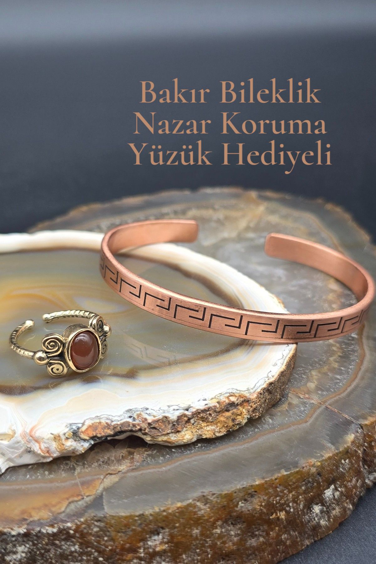 NBS Beautiful Naturel Stones Bakır Bileklik Saf ( Akik Yüzük Hediye) Özel Desenli Ayarlanabilir Çok Kaliteli
