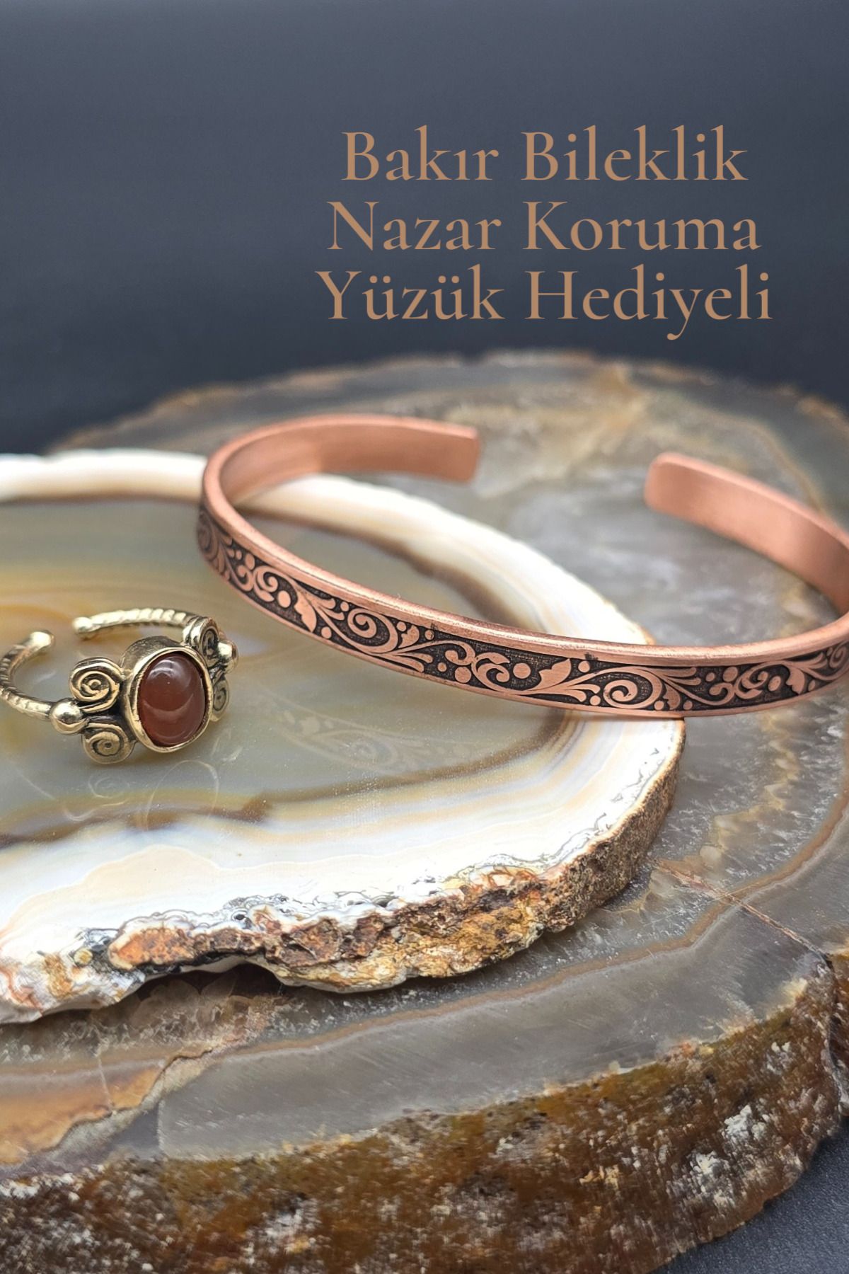 NBS Beautiful Naturel Stones Bakır Bileklik Saf ( Akik Yüzük Hediye) Özel Desenli Ayarlanabilir Çok Kaliteli