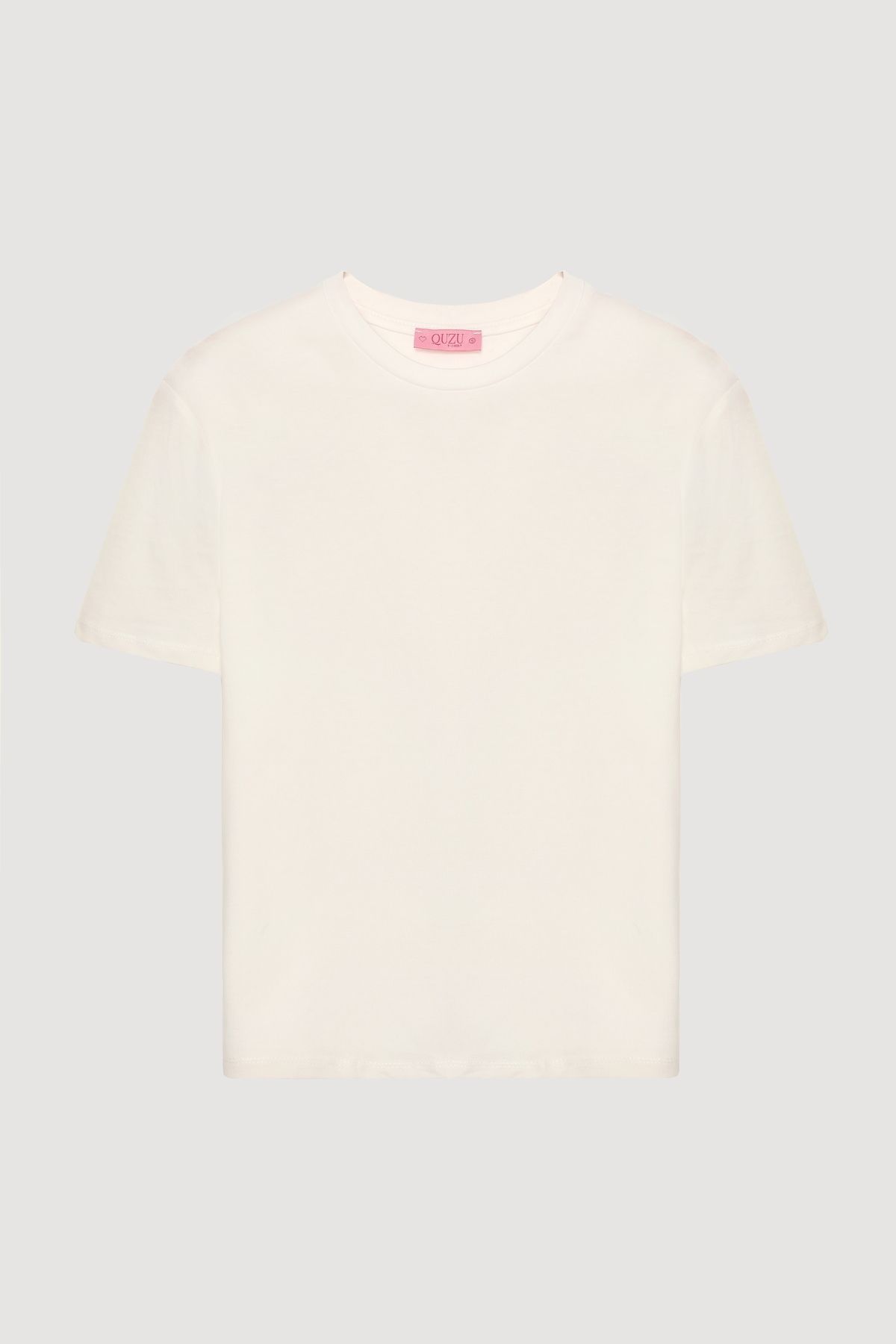 Quzu Bisiklet Yaka Oversize Basic Tişört Ekru