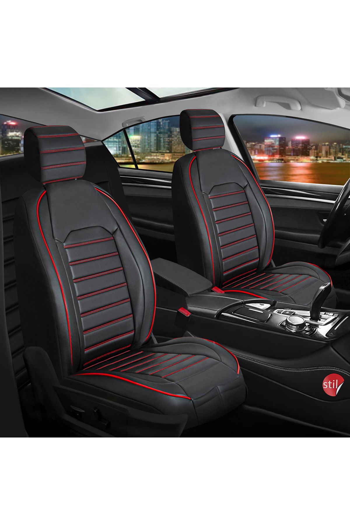 autogoodstore Peugeot 2008 Uyumlu Lüx Deri Oto Koltuk Kılıfı Ön Arka Takım Çizgili Model Siyah Kırmızı