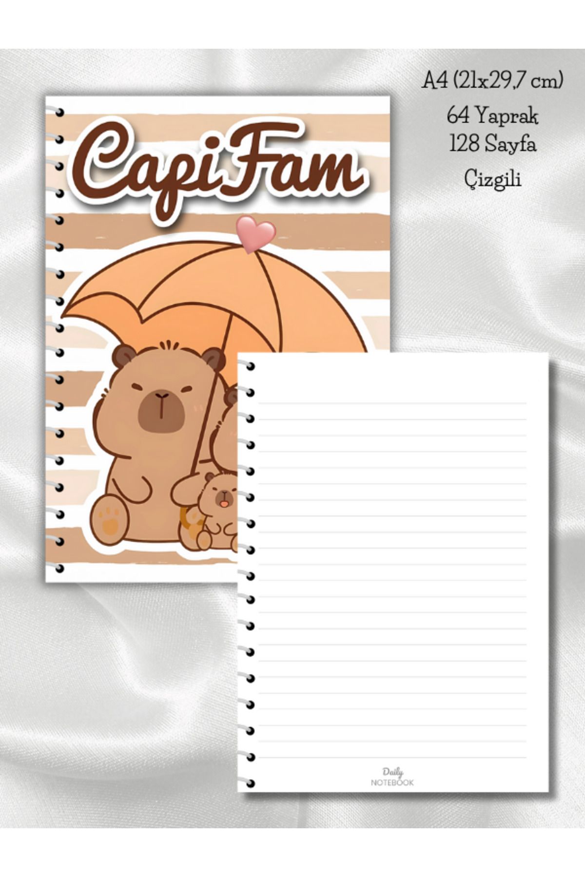 daily notebook-Capybara Striped School Notebook, 64 Sheets Spiral A4 Large Size (21X29,7 cm) Size 1