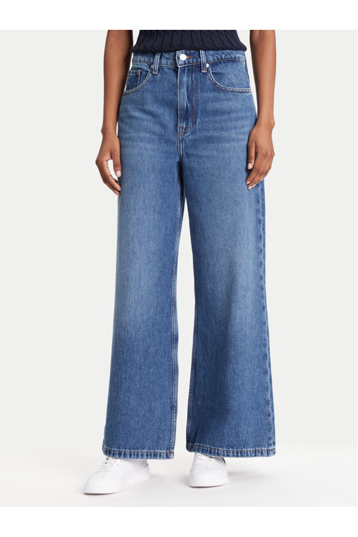 Tommy Hilfiger Kadın Yüksek Bel Geniş Paça Eskitme Desenli Denim Lacivert Pantolon WW0WW45675-1A6